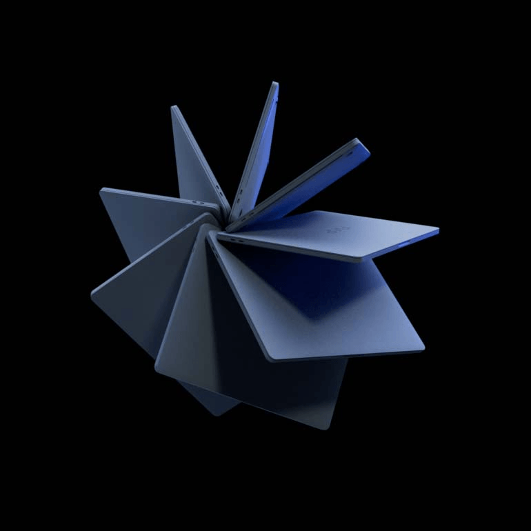 Composição tridimensional de notebooks representando a evolução prática na Pós Tech.